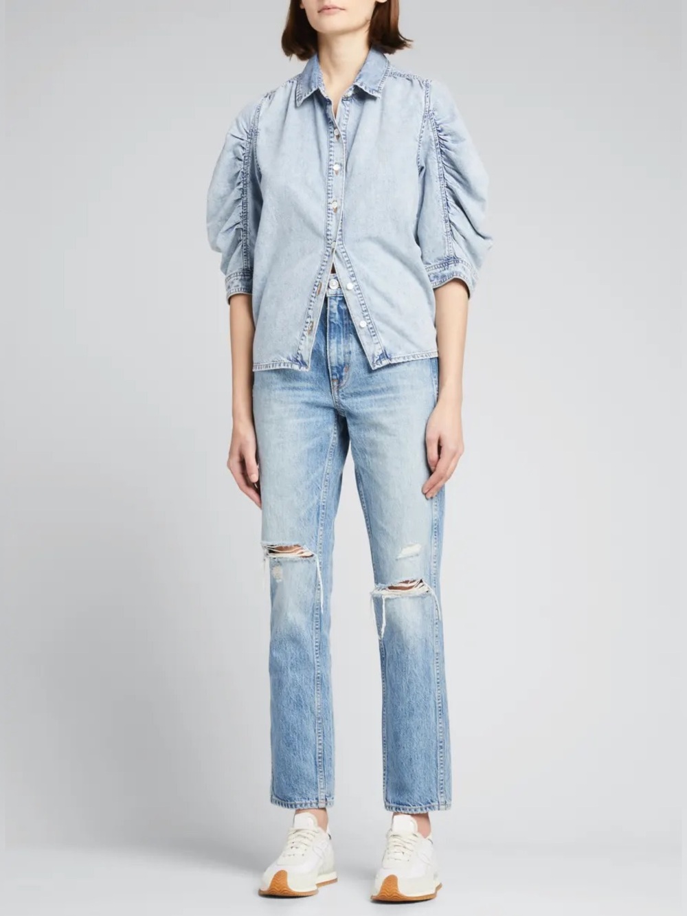 FRAME Ruched Puff Sleeve Denim Button Front Shirt Blue Size M NWOT